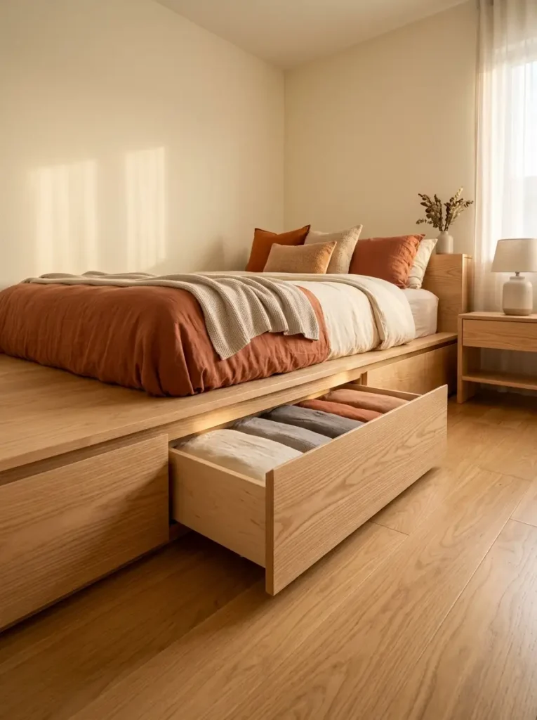 Wooden platform bed with large pull-out drawers for storage.