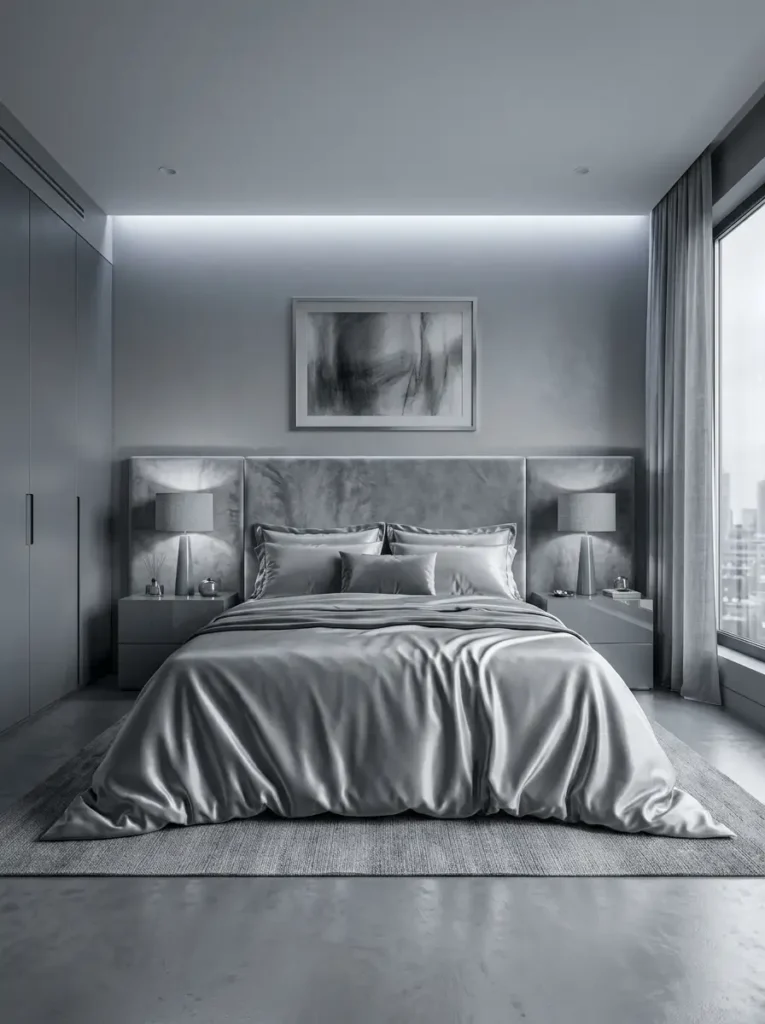 Smooth silver satin bedding against a grey velvet headboard and glossy nightstands