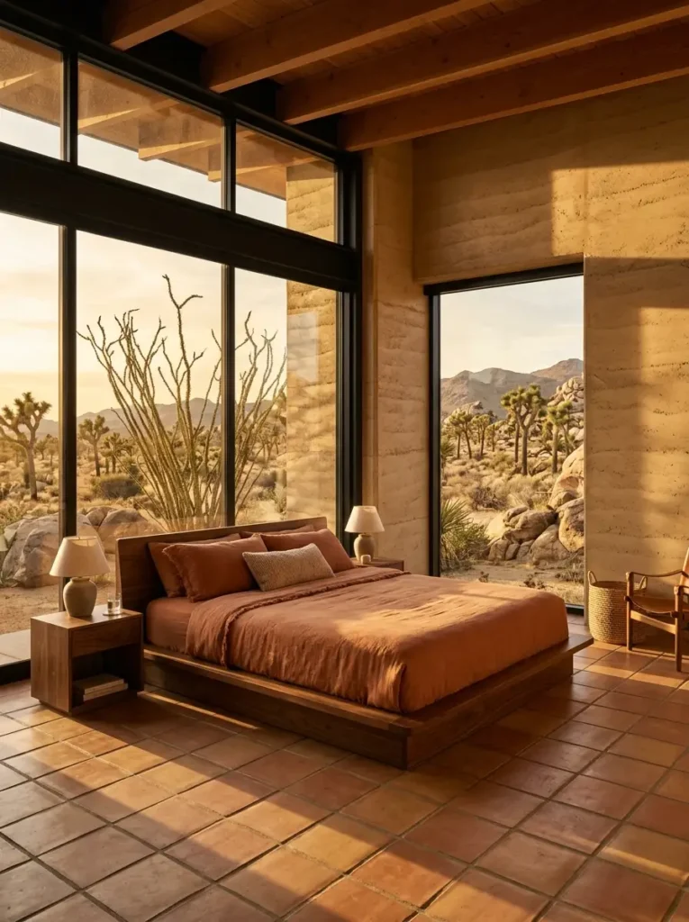 Bedroom with thick rammed earth walls large glass windows showing a desert landscape and a wooden platform bed.