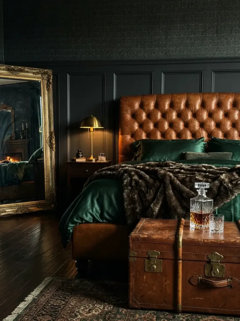 Moody bedroom with tufted leather headboard