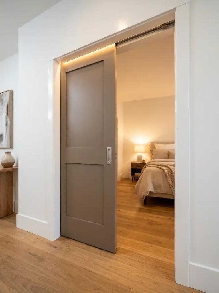 Gray sliding door leading into a warm, lit bedroom.