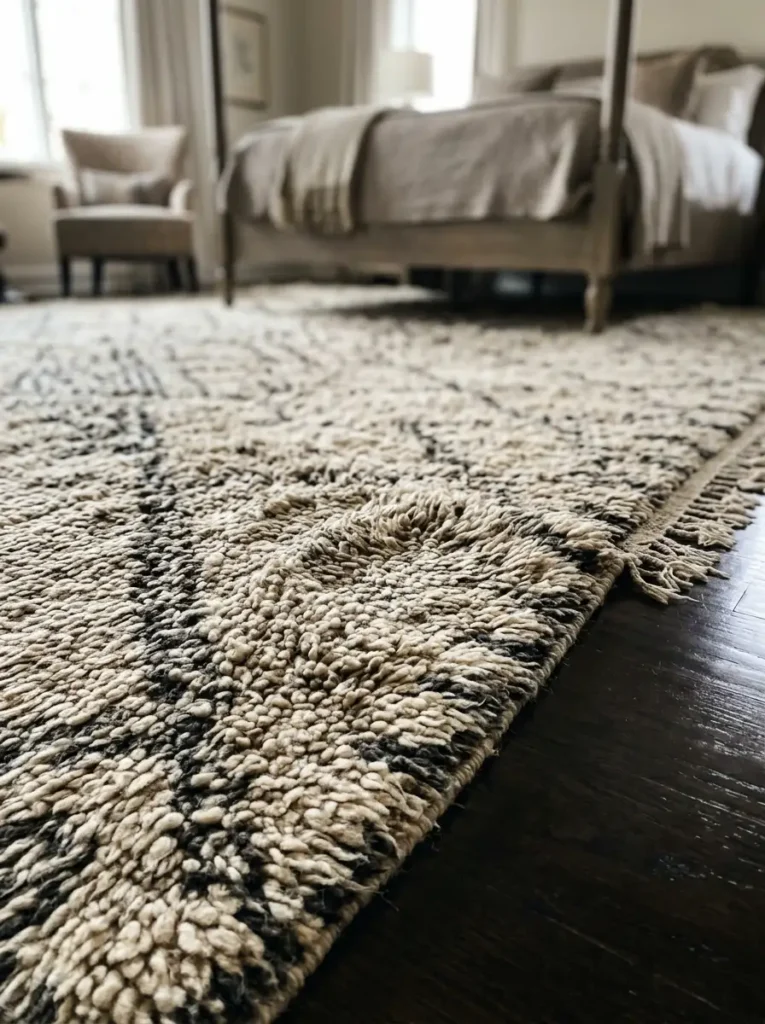 Thick textured wool rug with black geometric patterns sitting on a dark wood floor
