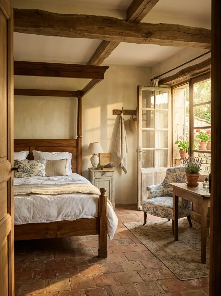 Rustic bedroom with exposed ceiling beams a wooden four poster bed faded brick floors and open glass doors to a courtyard.