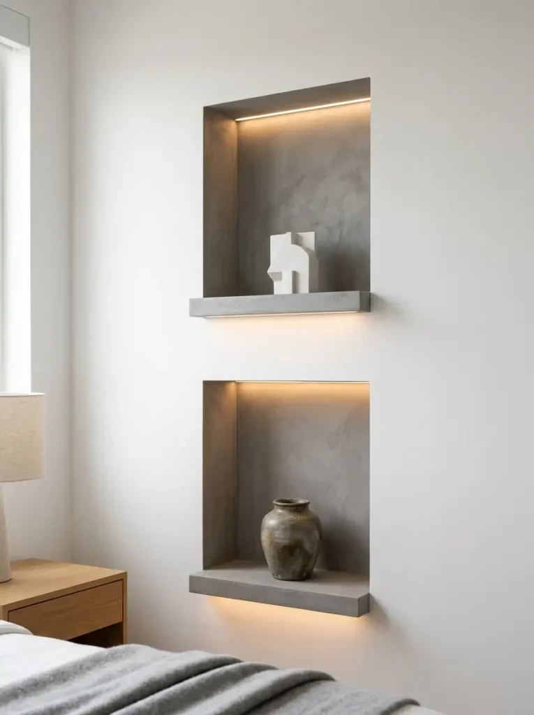Two recessed gray wall niches with integrated shelf lighting.