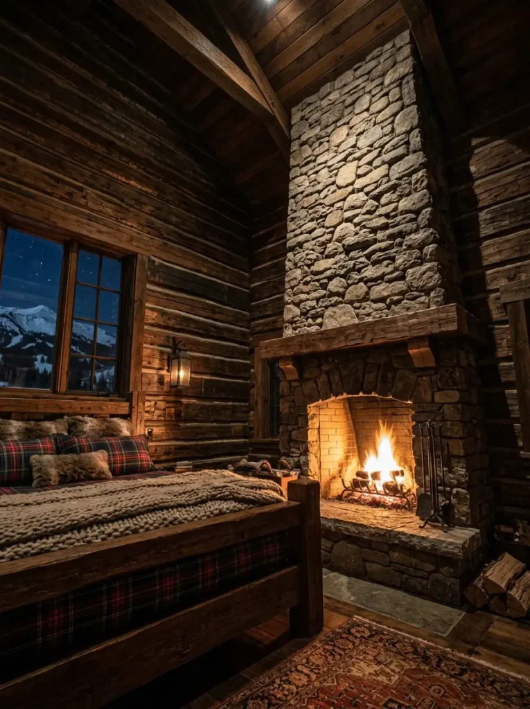 Heavy stone fireplace burning wood next to a bed with plaid flannel blankets