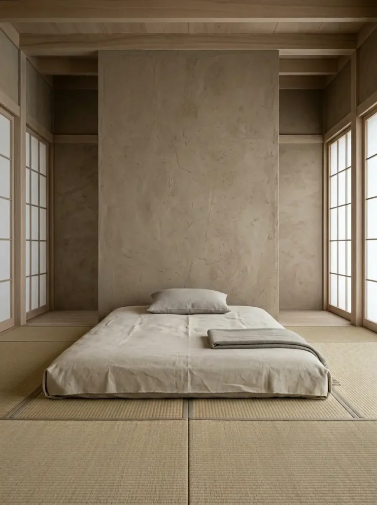 Minimalist room with tatami mat floors a low unmade bed a central smooth plaster wall and paper screen doors.