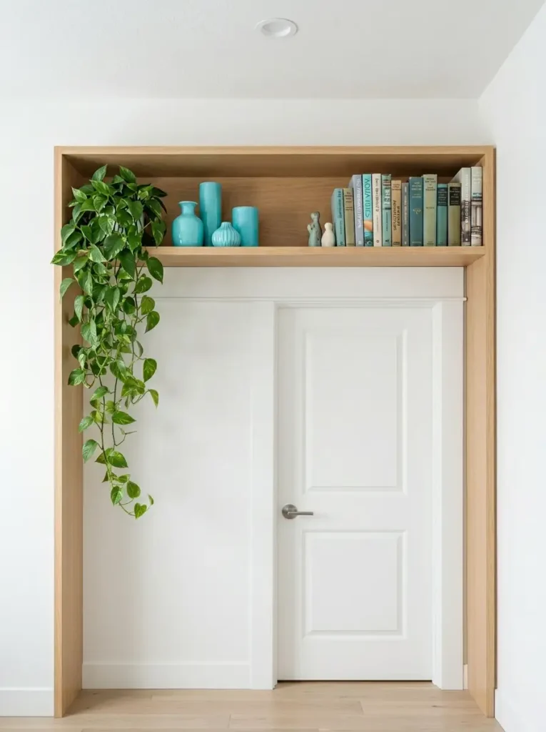 Wooden shelf above a white door displaying books and plants.
