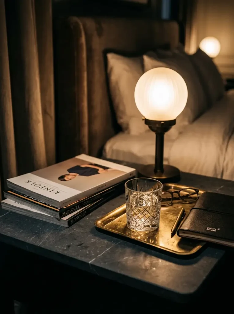 Frosted glass globe lamp next to a crystal tumbler and stacked magazines