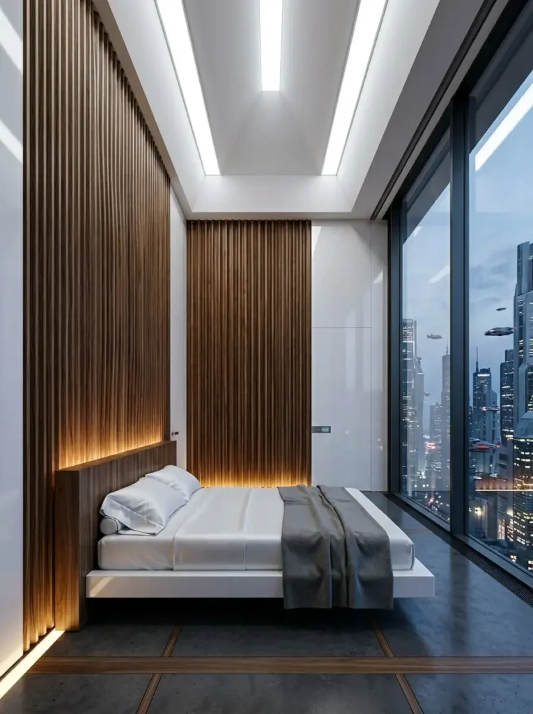 Modern high rise bedroom with large windows overlooking a futuristic city skyline and vertical wooden wall slats.