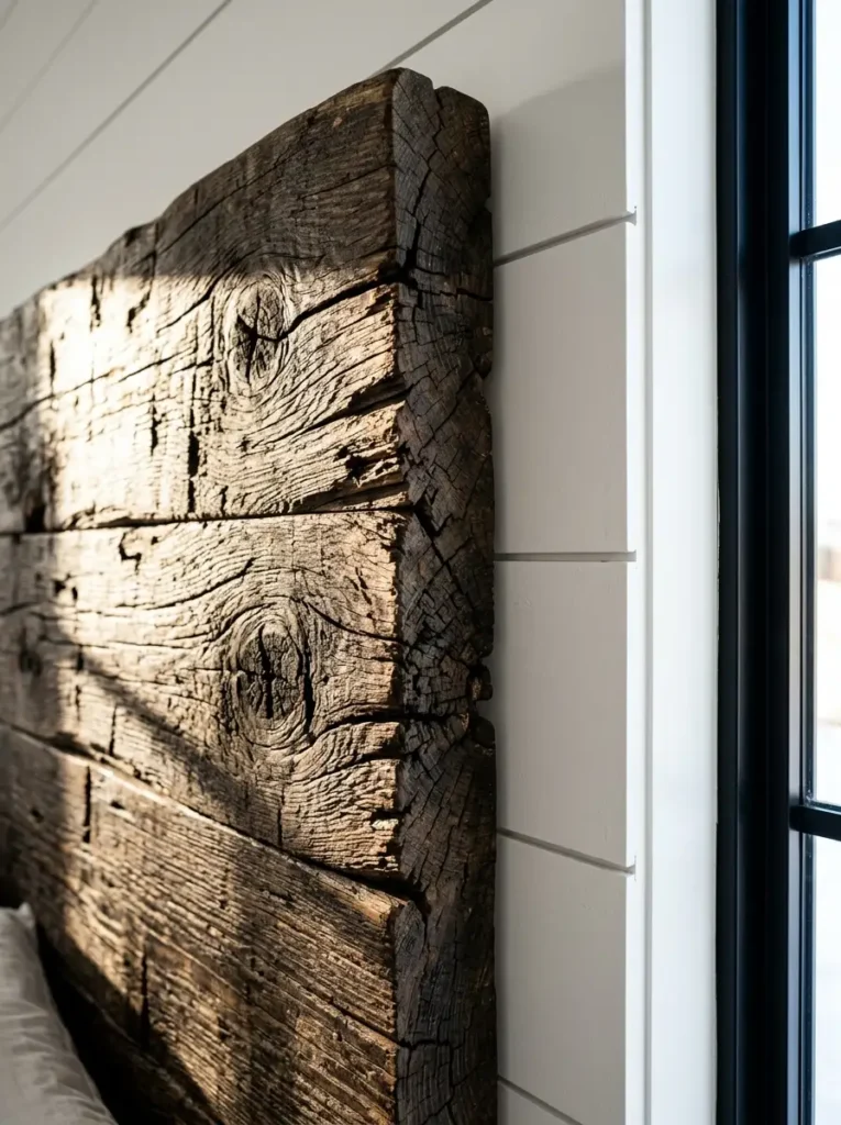 Massive reclaimed wood slab headboard