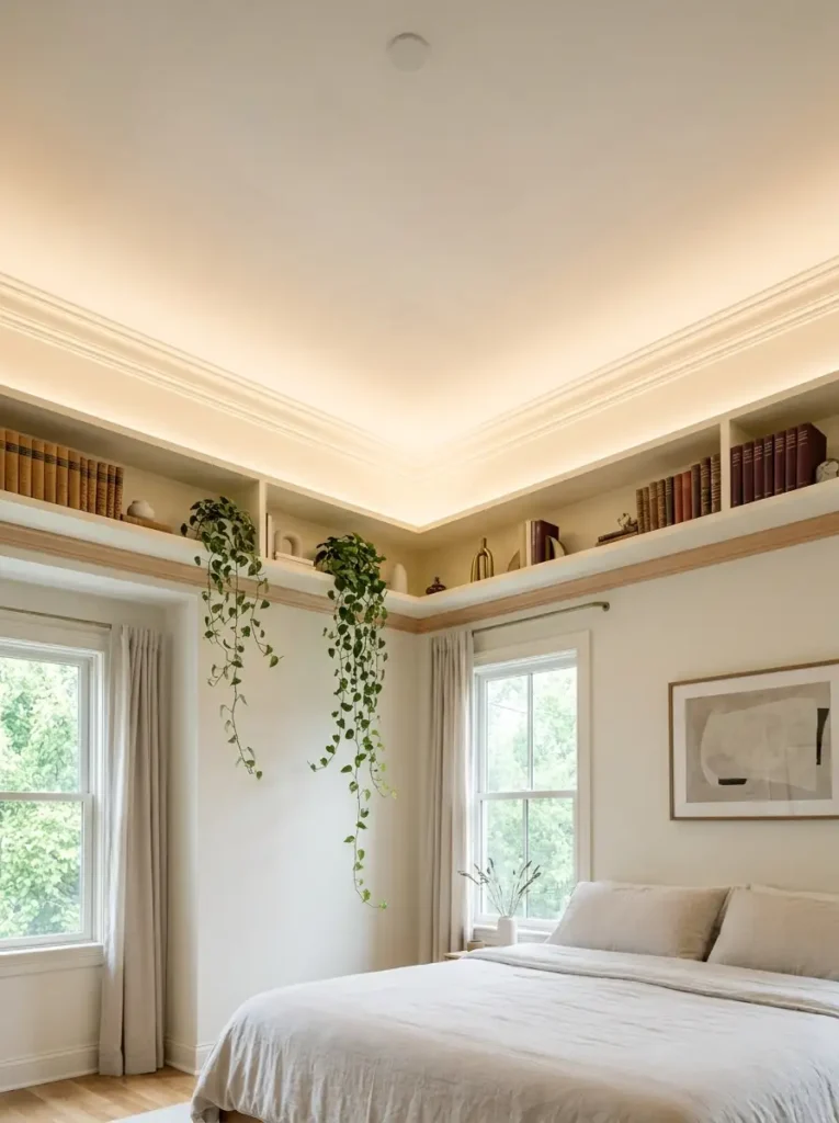 Ceiling-height perimeter shelving wrapping around a corner bedroom.