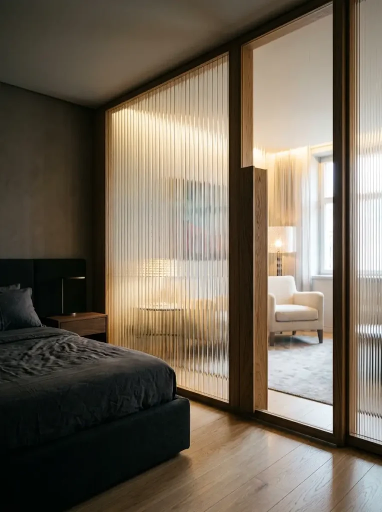 Ribbed glass sliding partition separating a dark bed from a bright sitting area