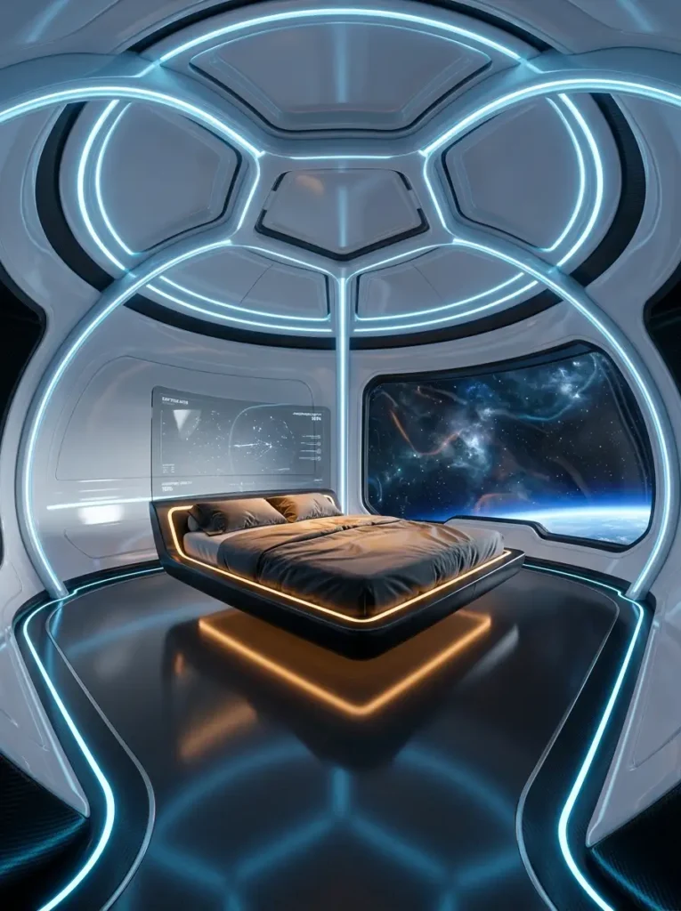 Futuristic space pod bedroom with glossy white molded walls neon blue lighting a floating bed and a window showing outer space.