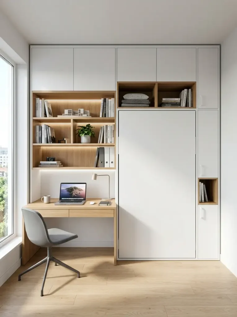 White built-in Murphy bed integrated with a wooden desk workspace.