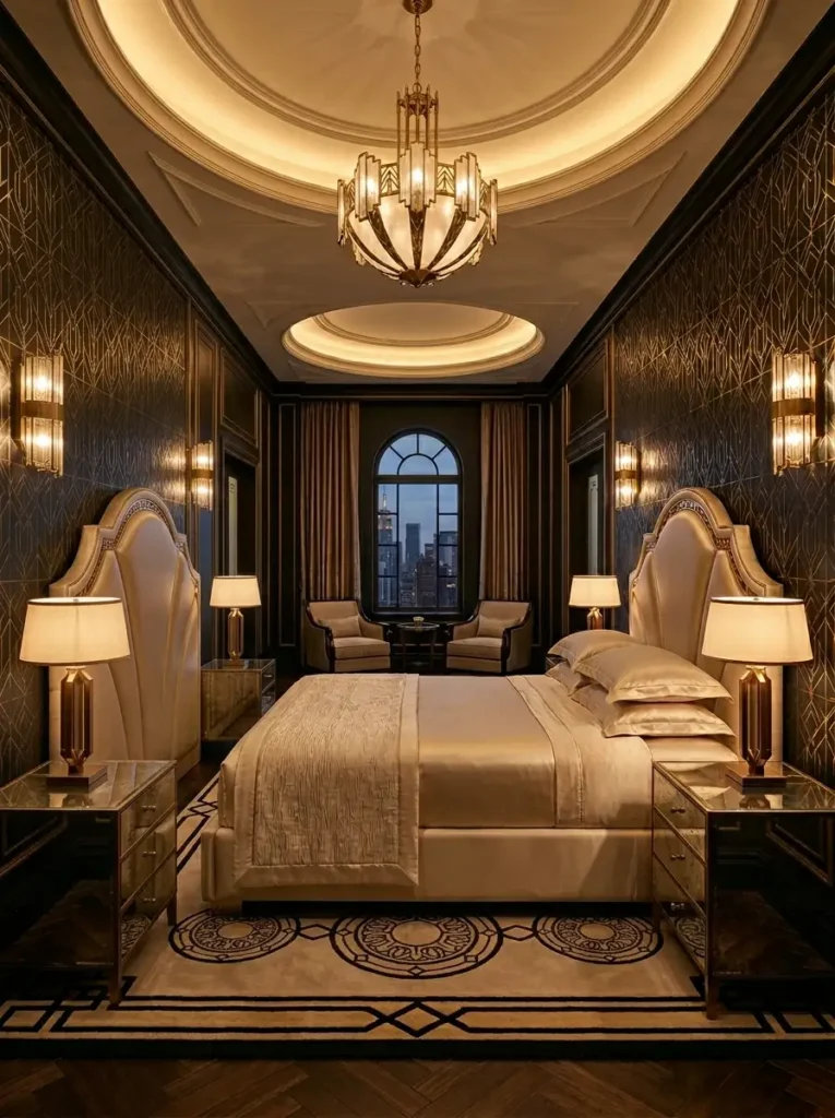 Two arched beige headboards facing each other under an ornate ceiling