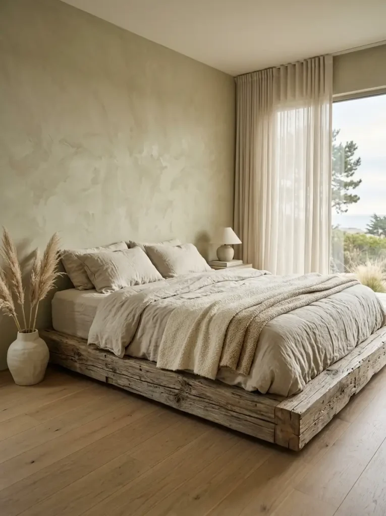 Minimalist room with washed plaster walls reclaimed wood bed and beige linen bedding.