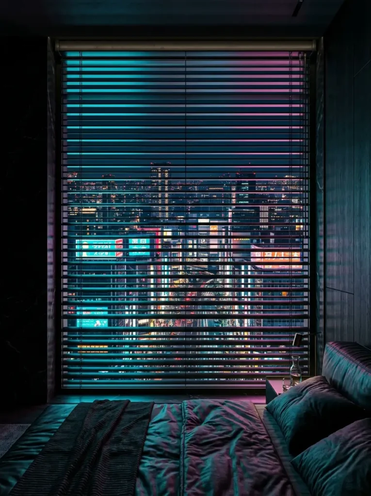 City night view through blinds with neon light