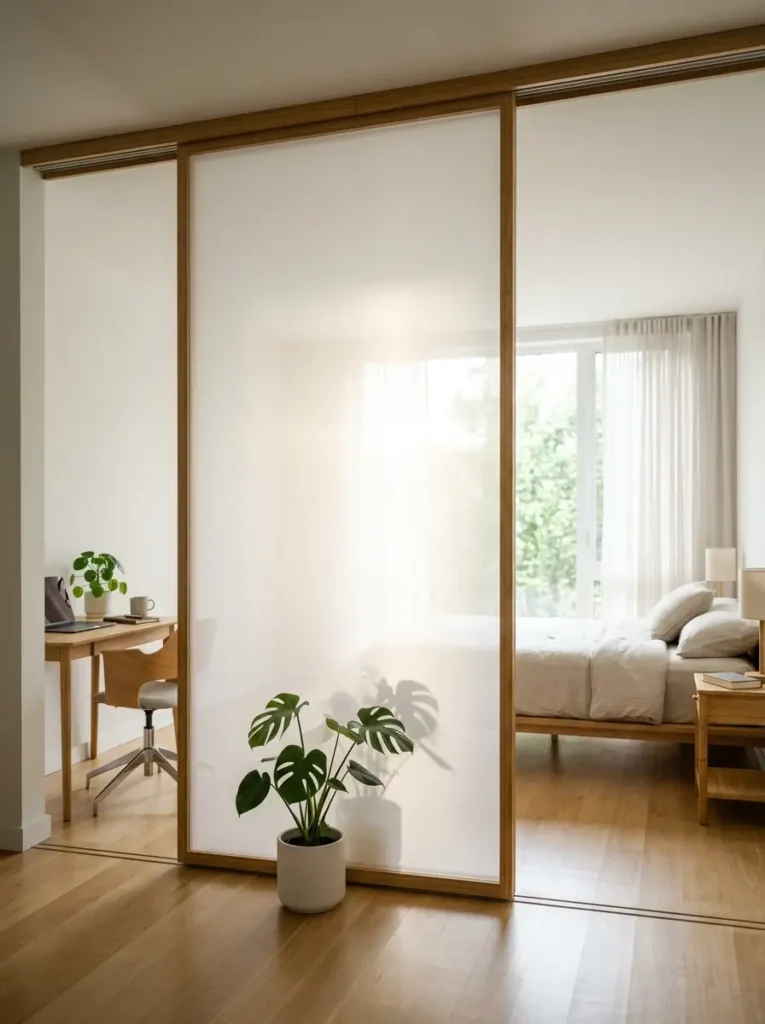 Frosted glass sliding divider between a study and bedroom.