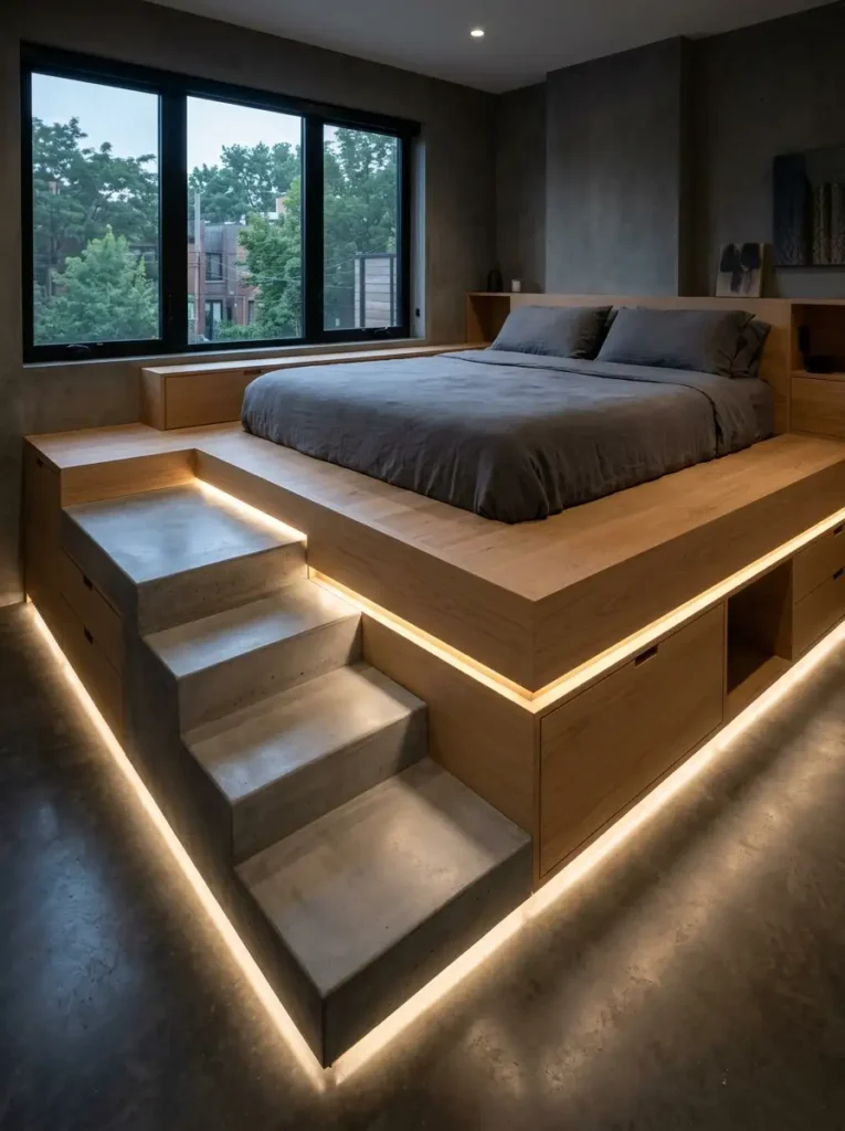 Elevated wooden sleeping platform featuring concrete steps and built in storage