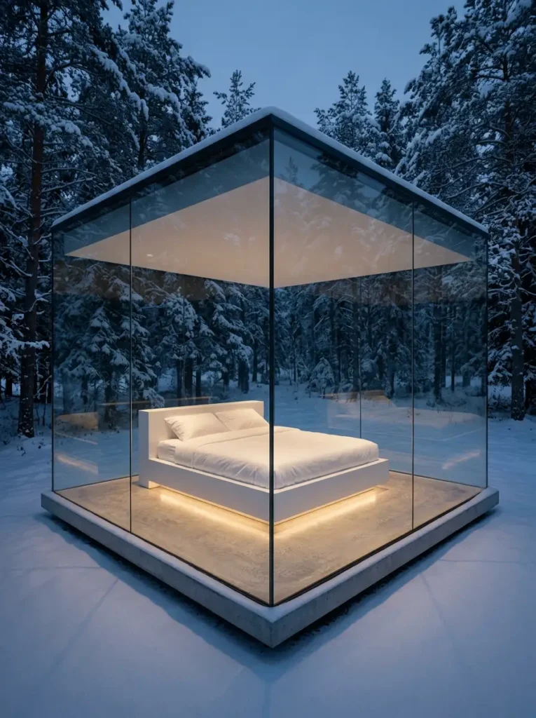 Completely transparent glass cube bedroom sitting in a snowy pine forest with a glowing white bed inside.