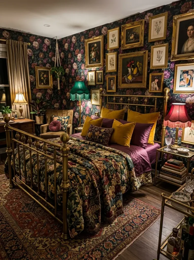 Maximalist bedroom with floral wallpaper