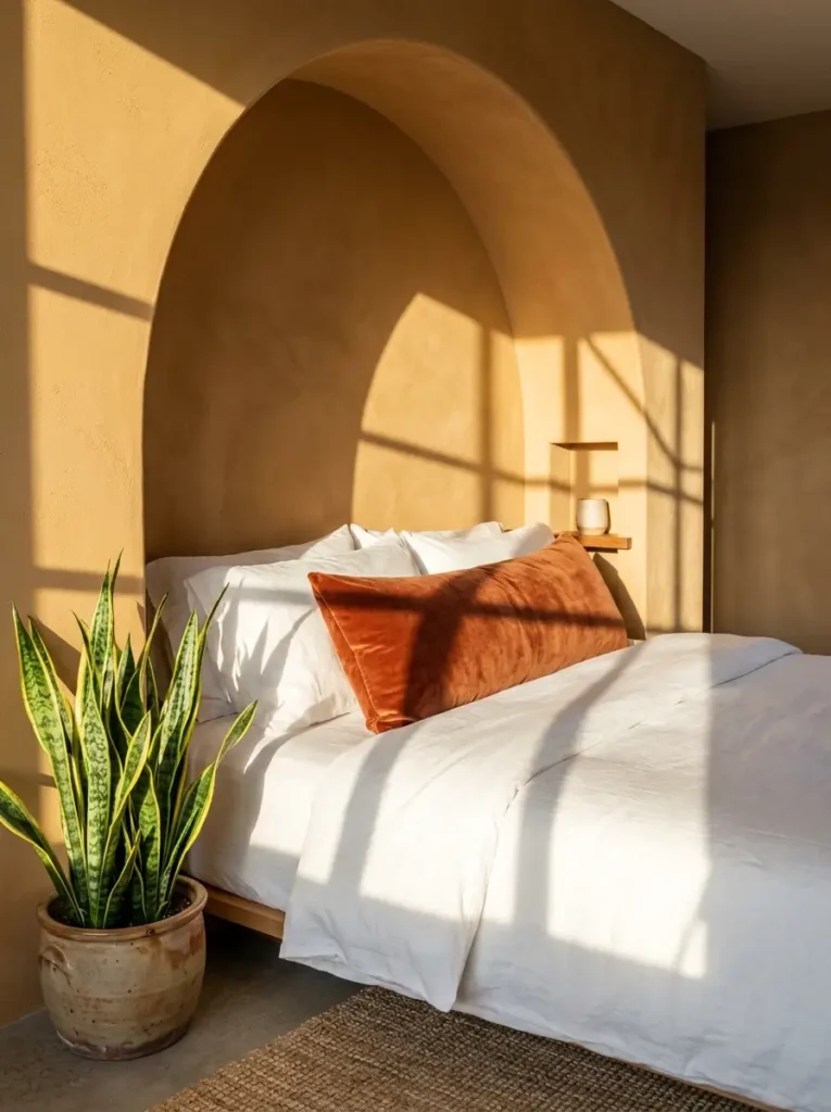 Golden arch wall niche with rust pillow