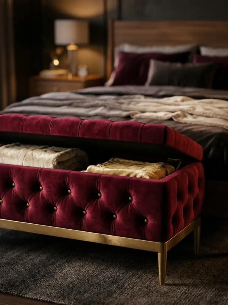 Burgundy tufted velvet storage trunk at the foot of a bed.