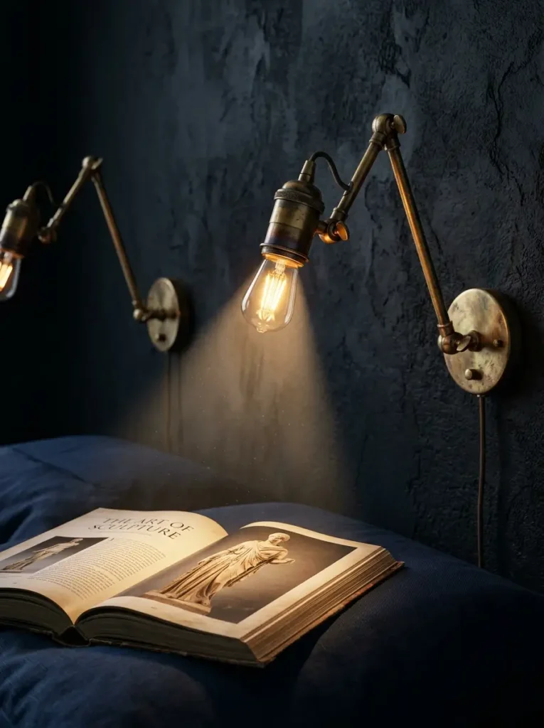 Aged brass articulated wall lamp shining directly onto an open art book