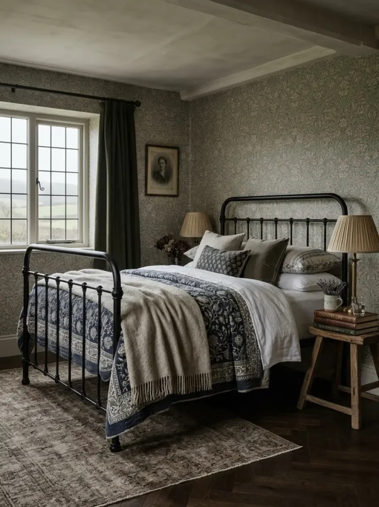 Traditional bedroom with intricate floral wallpaper a black iron bed frame olive curtains and stacked antique books.