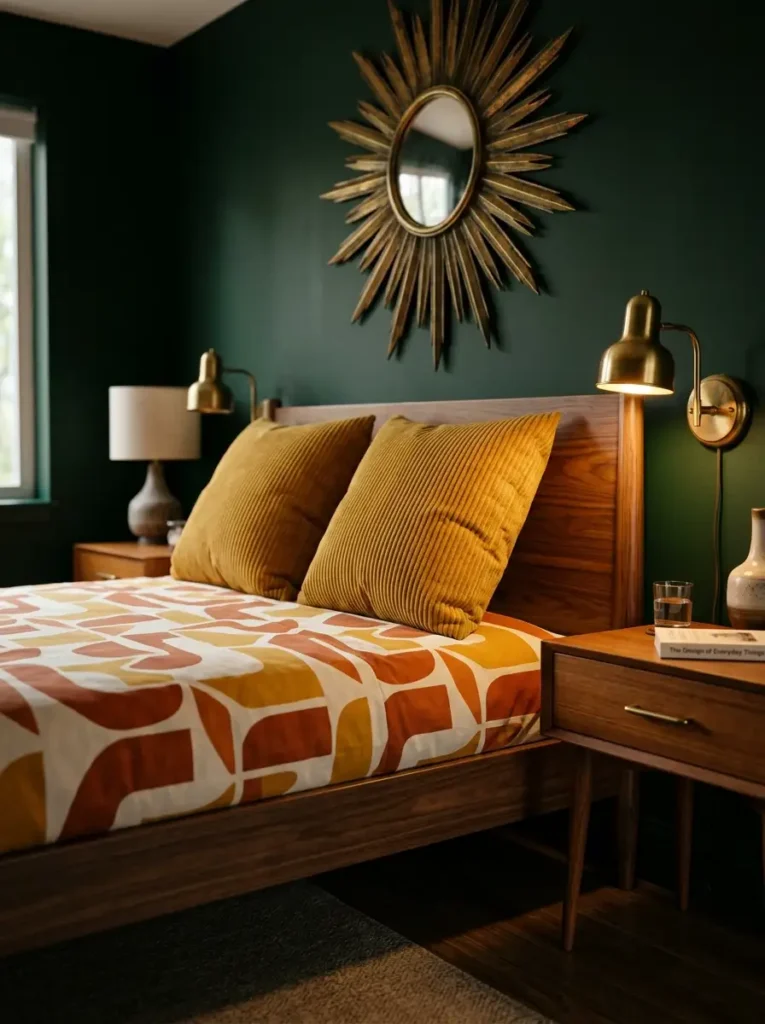 Mid century bedroom with emerald wall