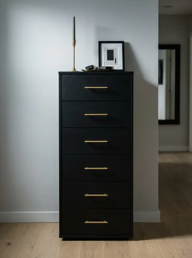 Tall black six-drawer dresser with gold handles.
