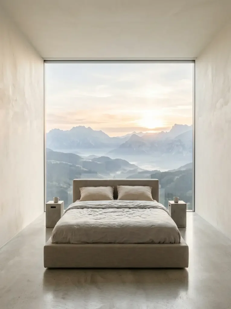 Gray platform bed facing a massive frameless window showing a mountain sunrise