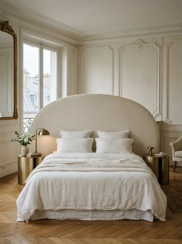 Elegant room with classic white wall paneling a massive oversized semicircular fabric headboard and brass nightstands.
