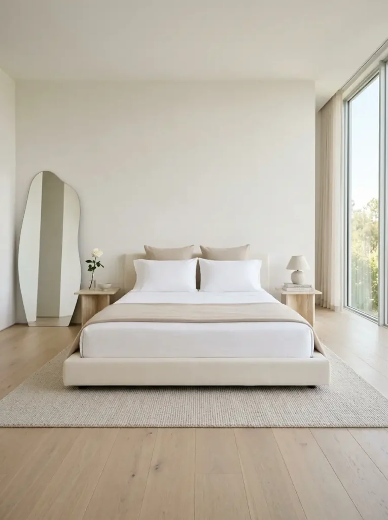 Minimalist beige bedroom with mirror