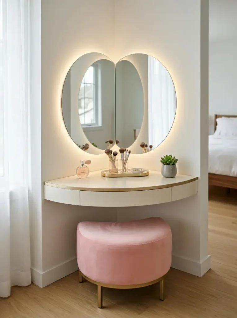 Corner vanity unit with a circular split mirror and pink stool.