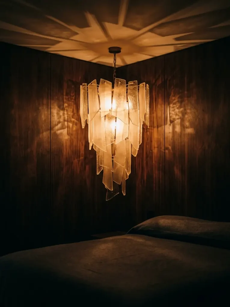 Sculptural chandelier made of shattered glass panels hanging over a dark bed