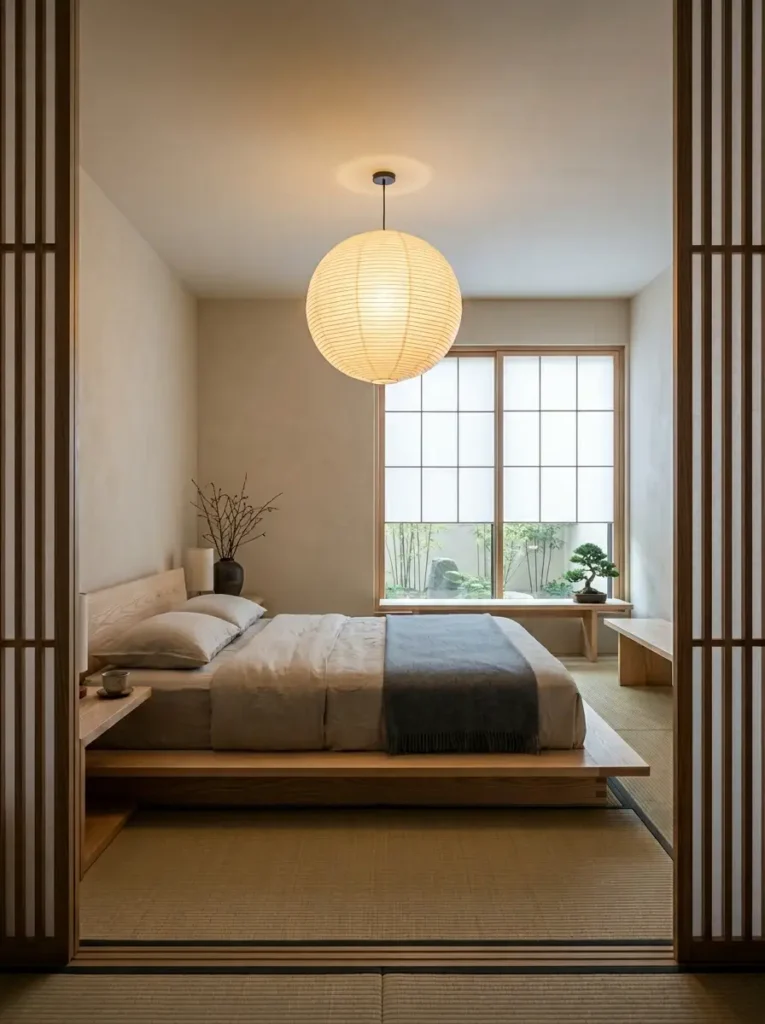 Serene bedroom with a large spherical paper lantern sliding wooden slatted doors and a low bed with a gray blanket.