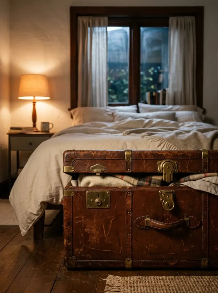 Aged brown leather travel trunk at the foot of a bed.