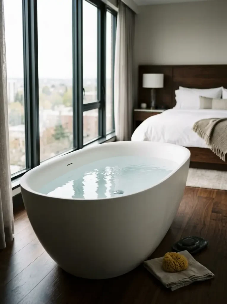 Modern freestanding white soaking tub sitting on a dark oak floor in a bedroom