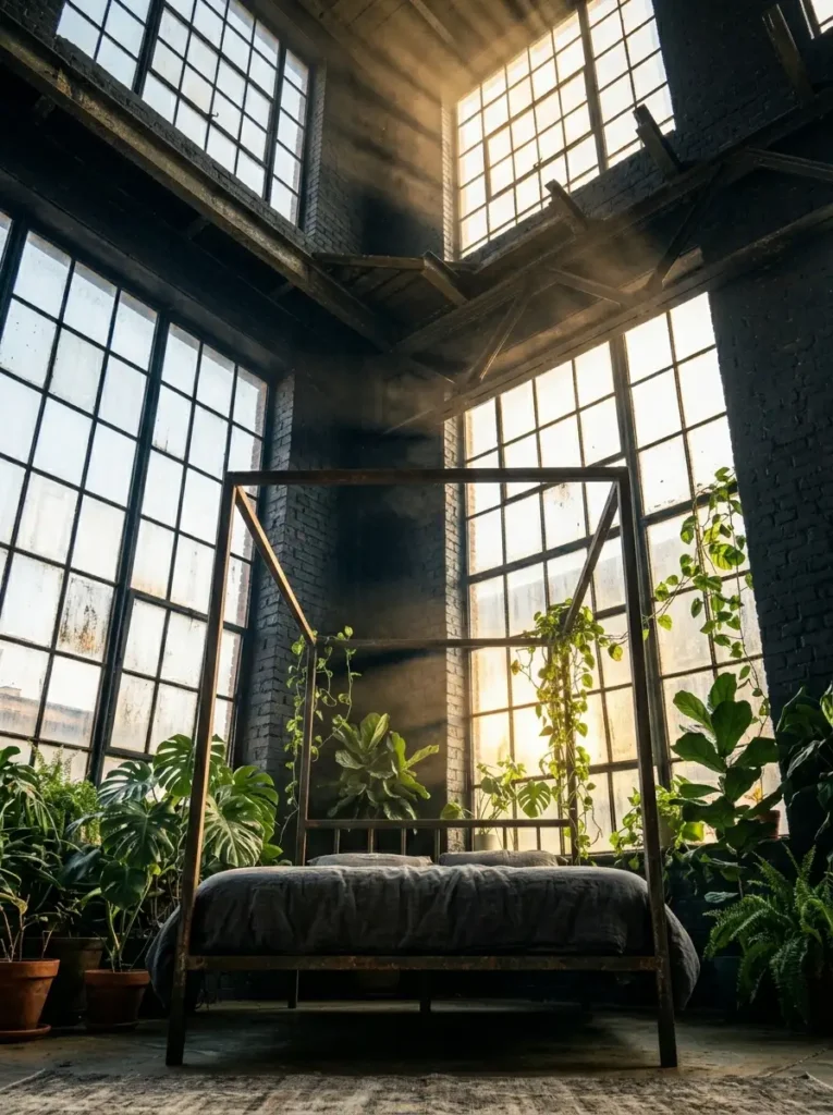 Dark industrial bedroom inside an old brick factory with massive steel windows overgrown tropical plants and an iron canopy.