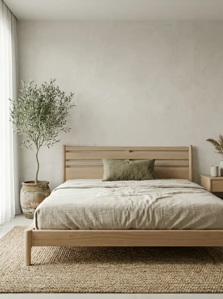 Natural oak bedroom with olive tree