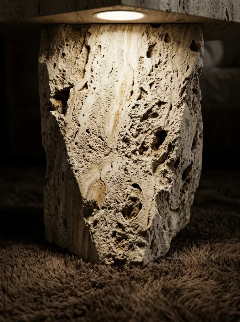 Close-up of pitted travertine bedside table