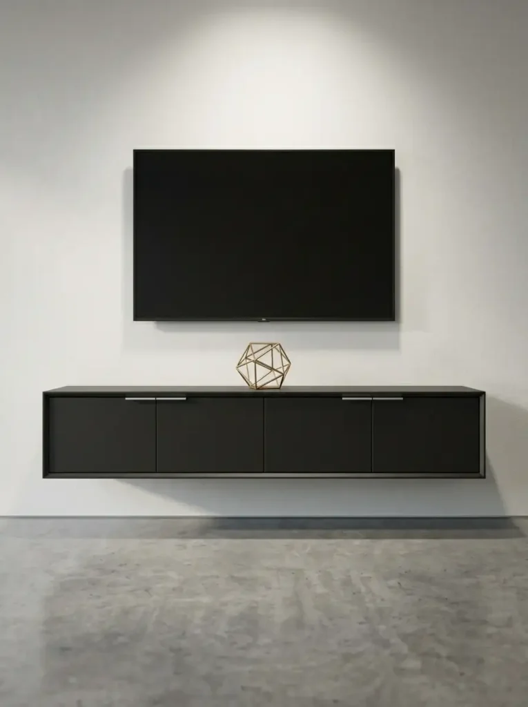 Wall-mounted black media console with a geometric sculpture.
