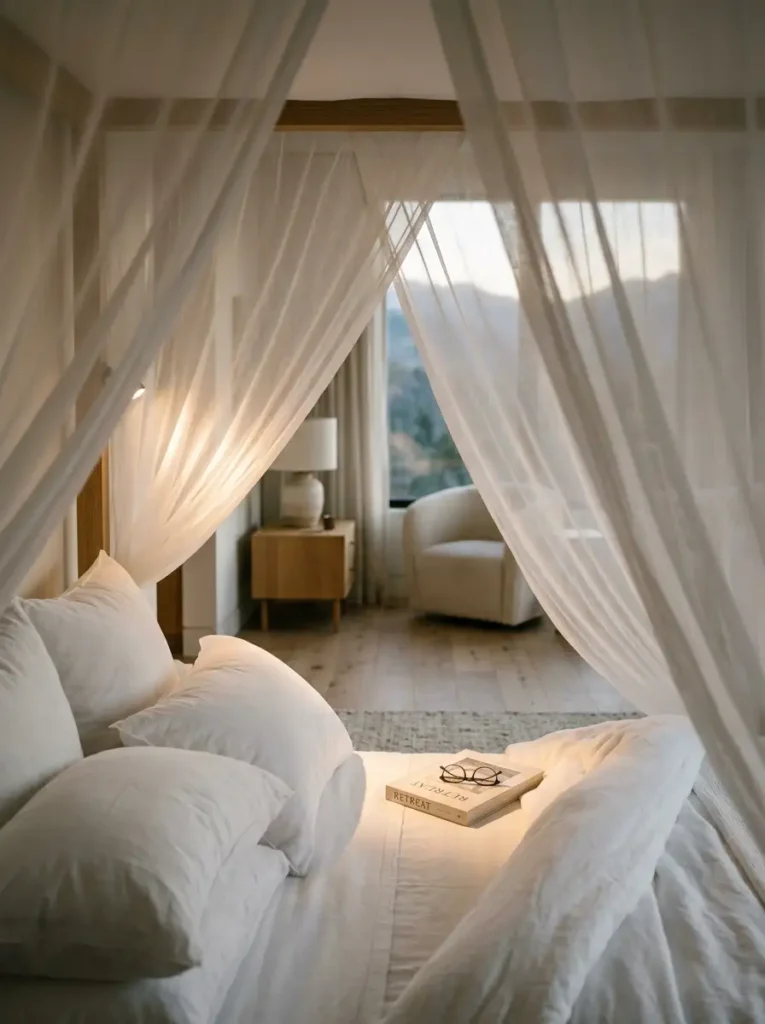 Soft white gauze canopy draping over a bed with sunlight filtering through