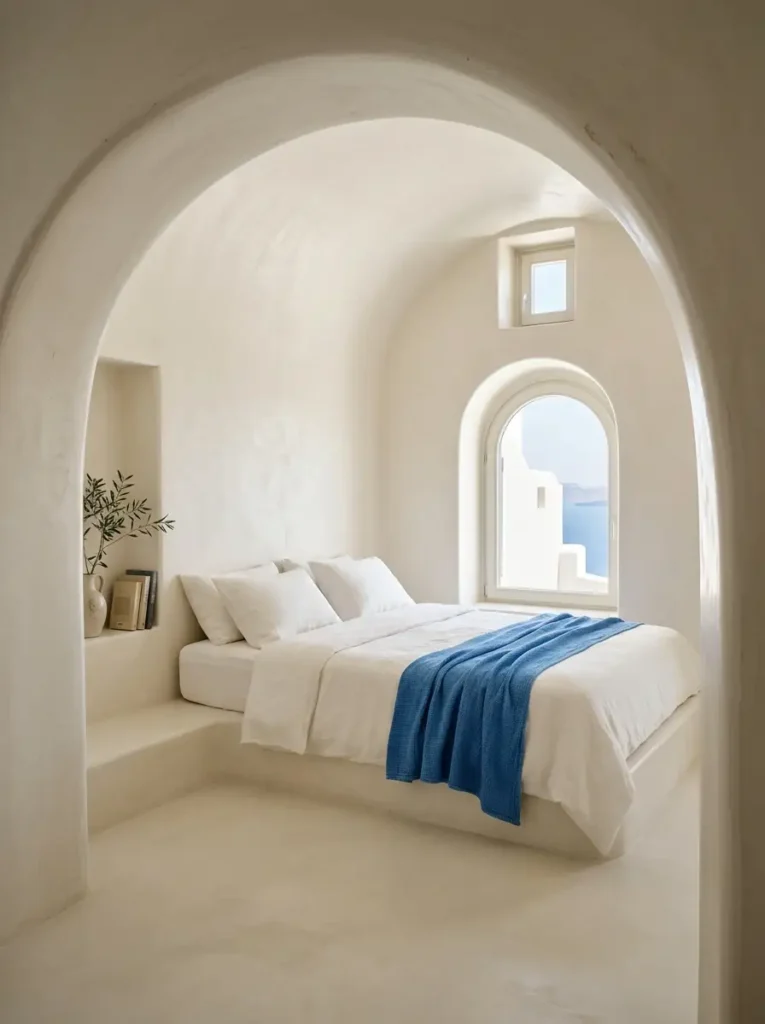 Bright white plaster bedroom with arched ceilings a built in platform bed a blue blanket and an arched window looking at the sea.