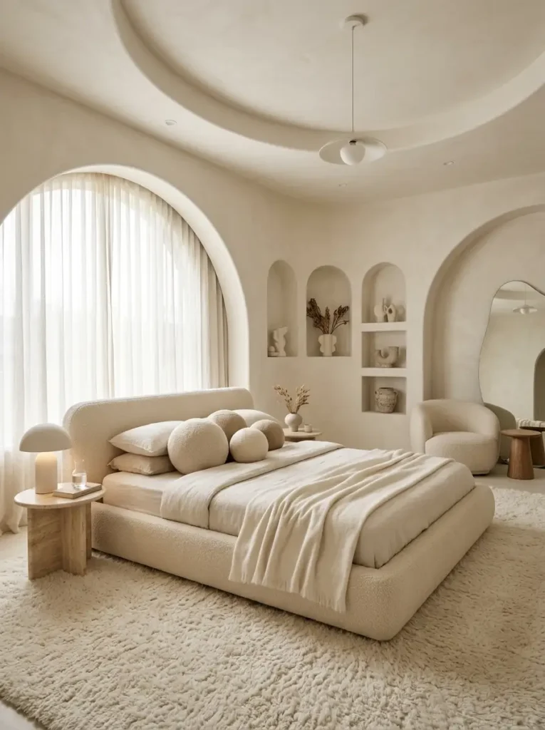 Modern beige bedroom with arched walls