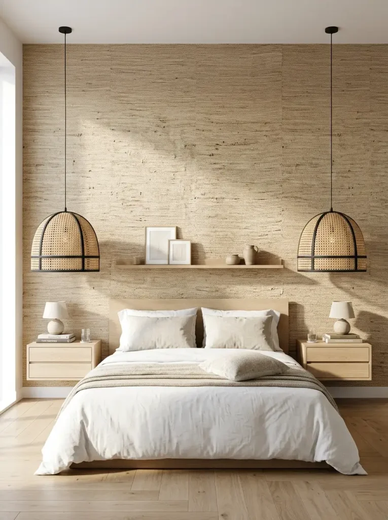 Twin rattan pendant lights over wood bed