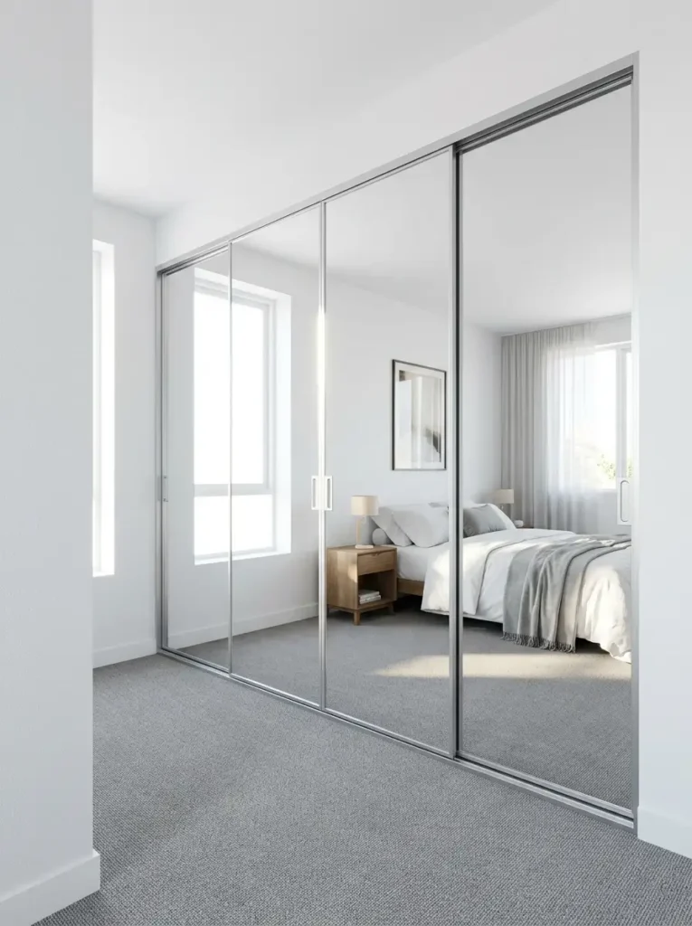 Multi-panel mirrored sliding closet doors.