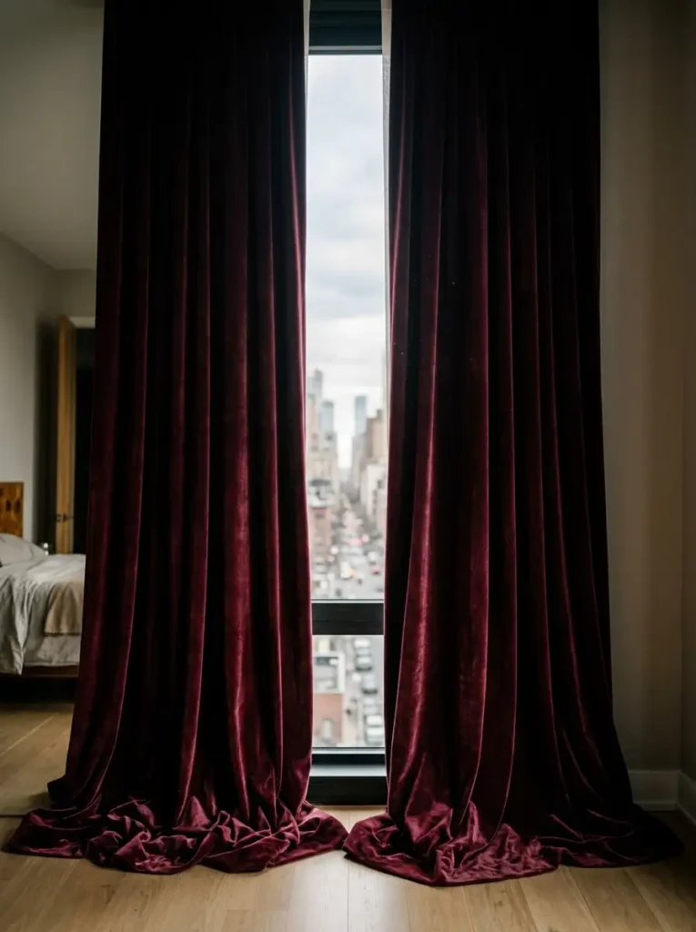 Extra long burgundy velvet curtains pooling on a wooden floor next to a window