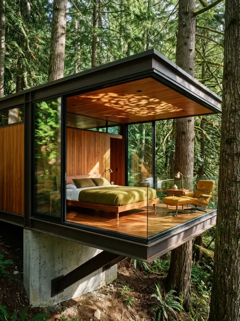 Glass and steel bedroom suspended high in a pine forest with wood paneled ceilings and a green bed matching the trees.